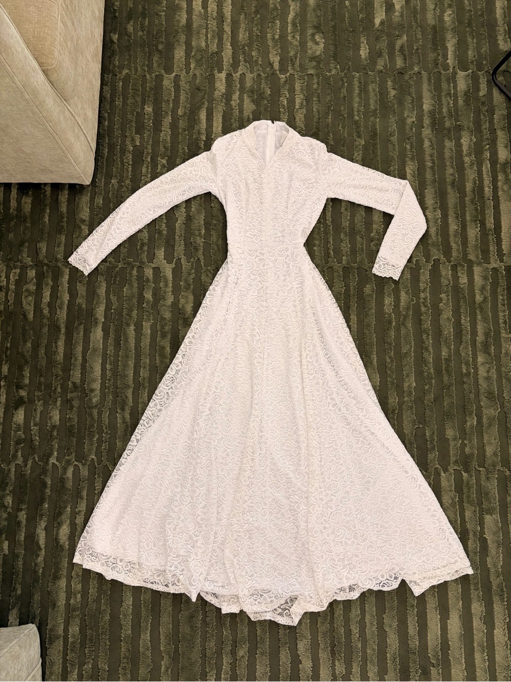 Long Sleeve White Lace Maxi Dress with Flared Skirt